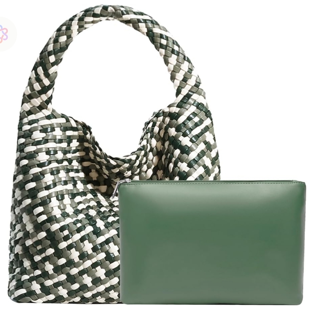 Stylish Vegan Leather Hand Woven Tote Bag Green Cream Handbag Shoulder Purse - Picture 6 of 15